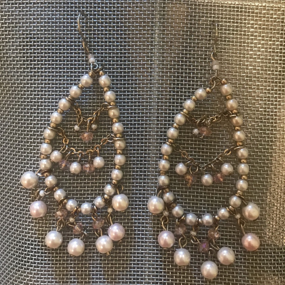 Pearl And Light Pink Stone Oval Dangle Earrings